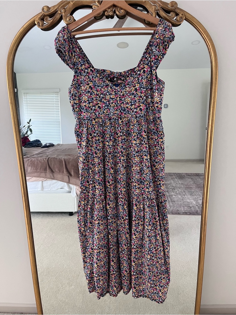 Old Navy Floral Midi Dress in Navy with Pink, Yellow and White Blossoms